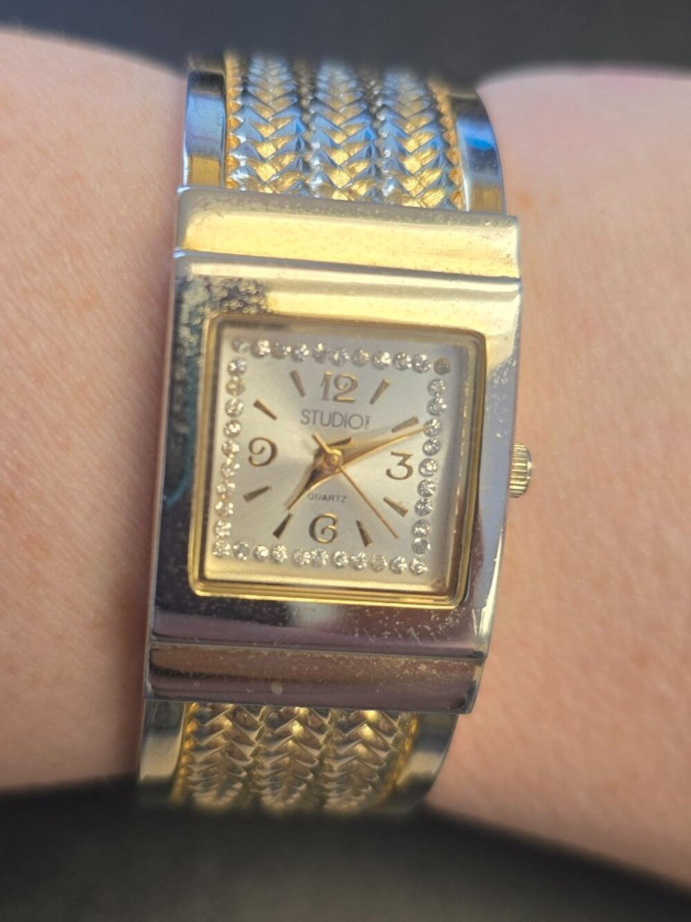 Gold Tone Cuff Bracelet Watch with Sparkle